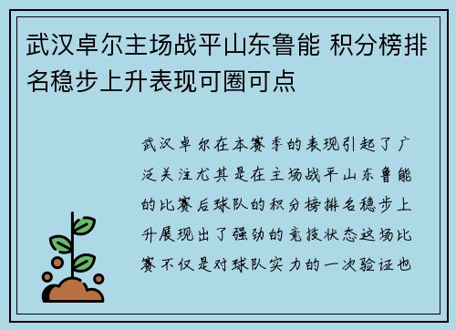 武汉卓尔主场战平山东鲁能 积分榜排名稳步上升表现可圈可点