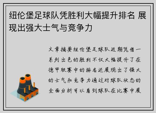 纽伦堡足球队凭胜利大幅提升排名 展现出强大士气与竞争力