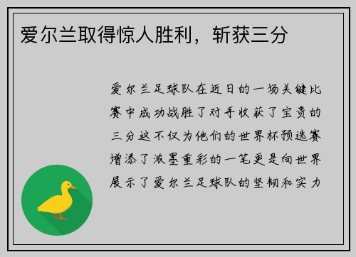 爱尔兰取得惊人胜利，斩获三分