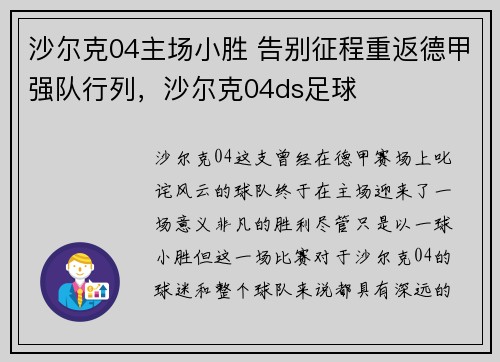 沙尔克04主场小胜 告别征程重返德甲强队行列，沙尔克04ds足球
