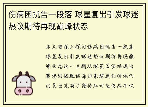 伤病困扰告一段落 球星复出引发球迷热议期待再现巅峰状态